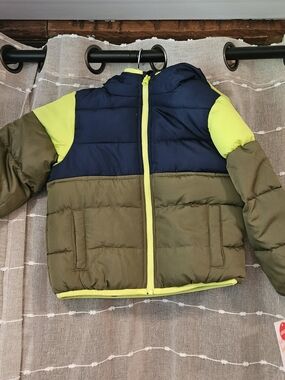 Kids Colorblock Puffer Jacket - Navy, Olive & Lime